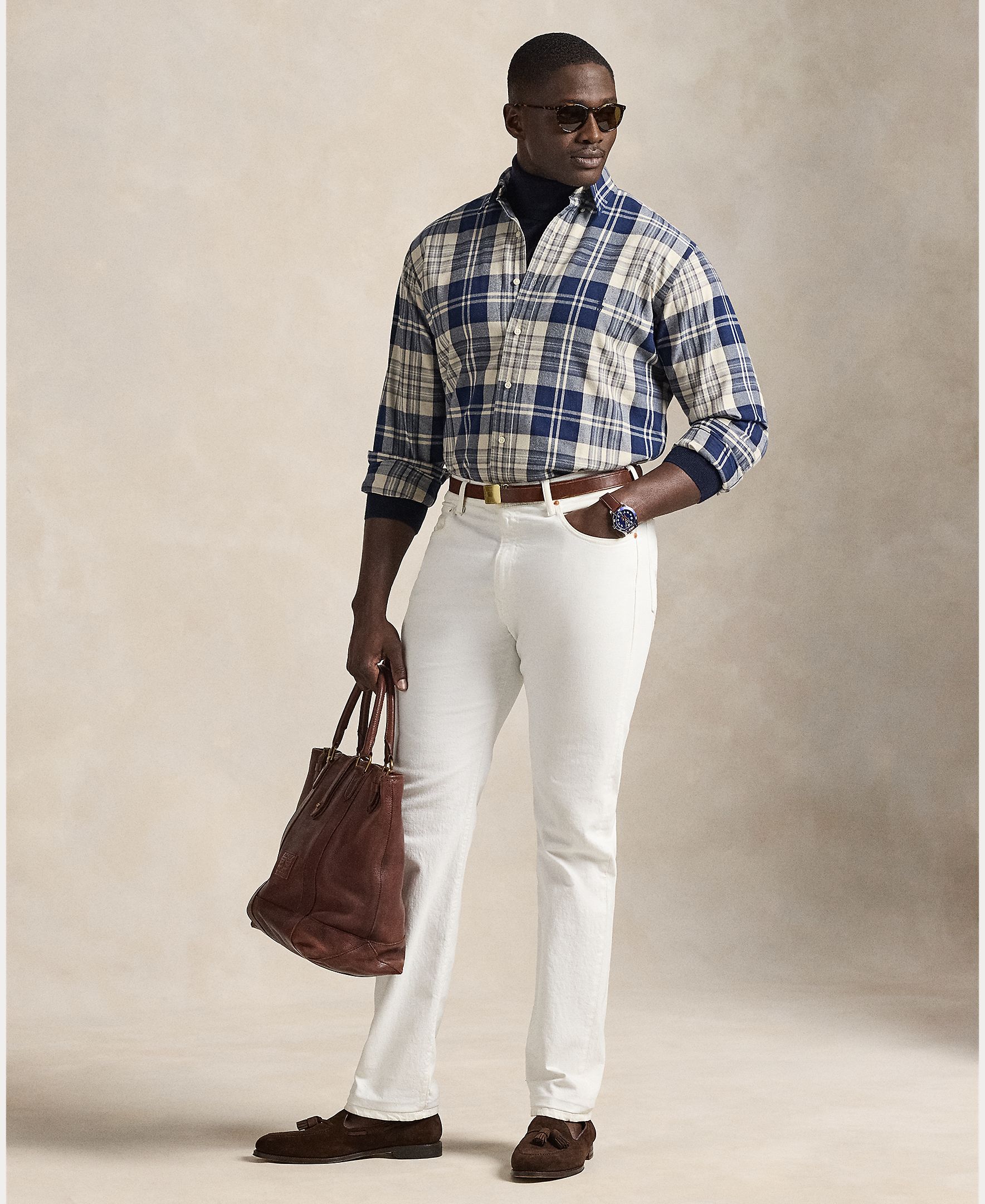 Camisa Oxford Classic Fit Tamanhos Grandes Azul / Bege-6