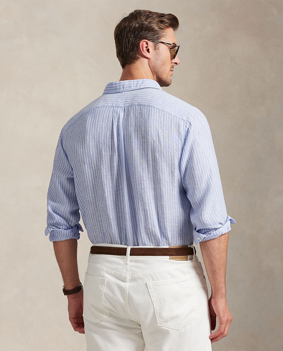 Camisa de Linho às Riscas Tamanhos Grandes Azul-claro-2