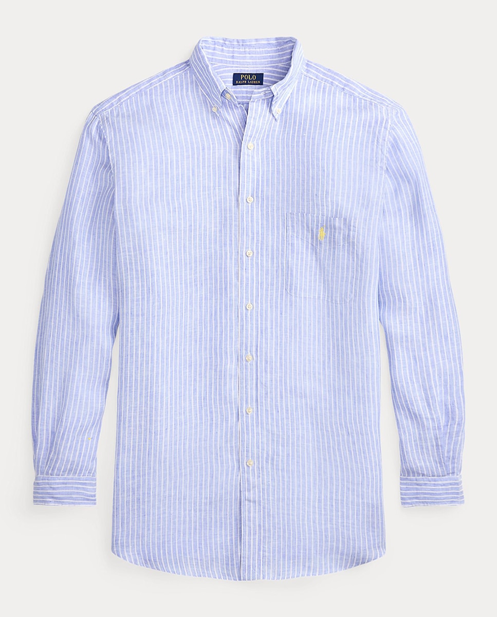 Camisa de Linho às Riscas Tamanhos Grandes Azul-claro-4