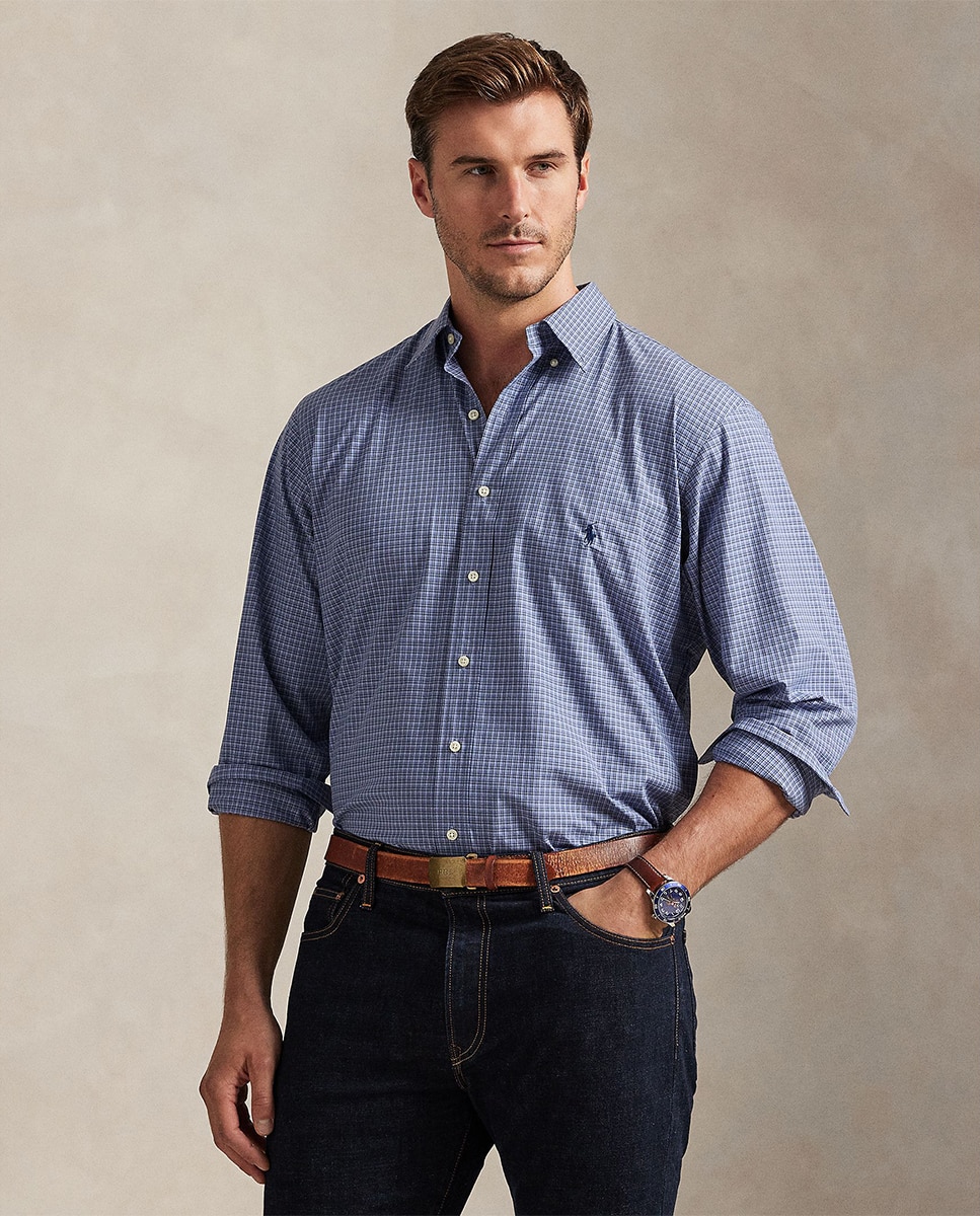 Camisa Custom Fit de Popelina Elástica Azul-porcelana-1