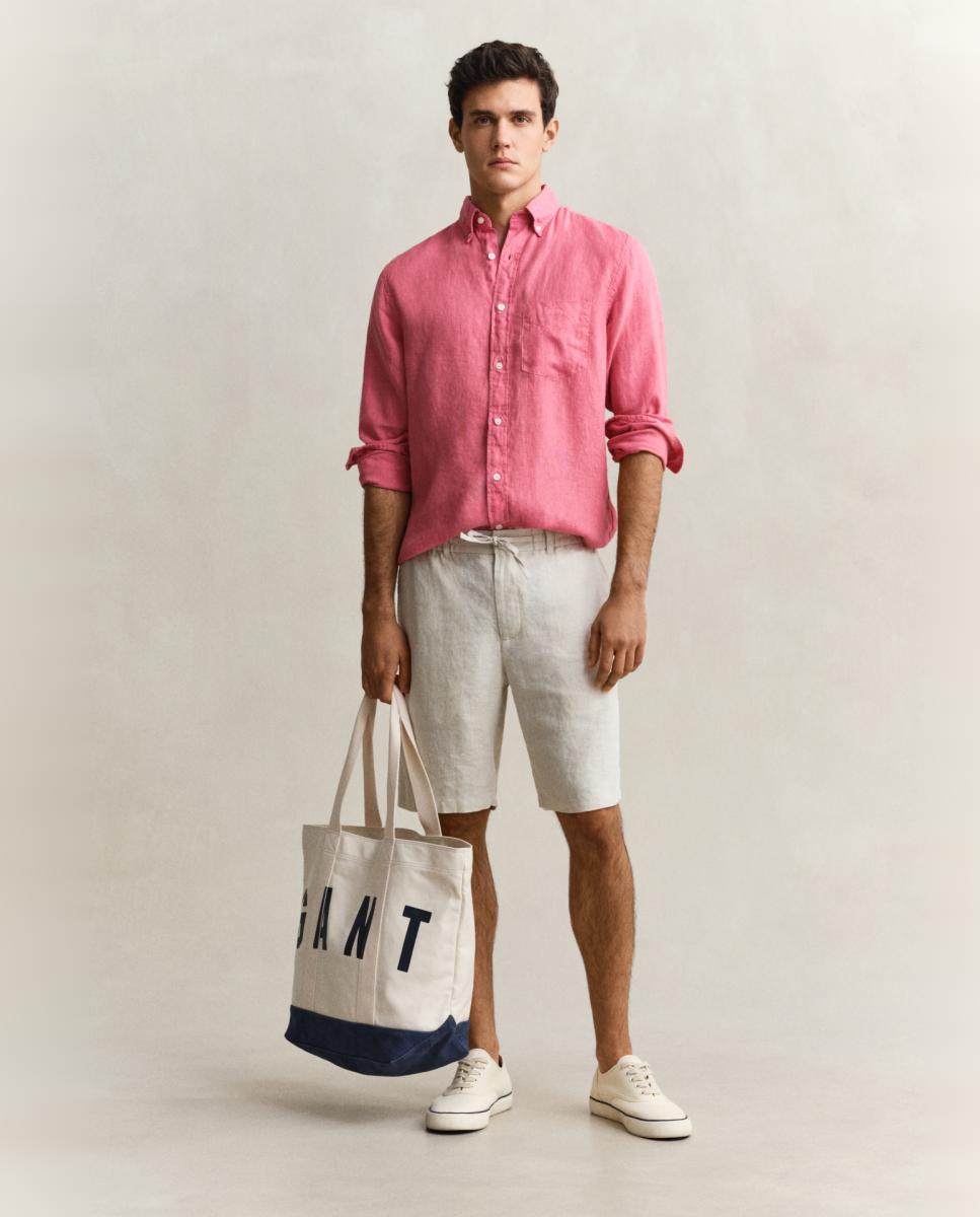 Camisa de Linho e com Manga Comprida Tamanhos Grandes Rosa-5