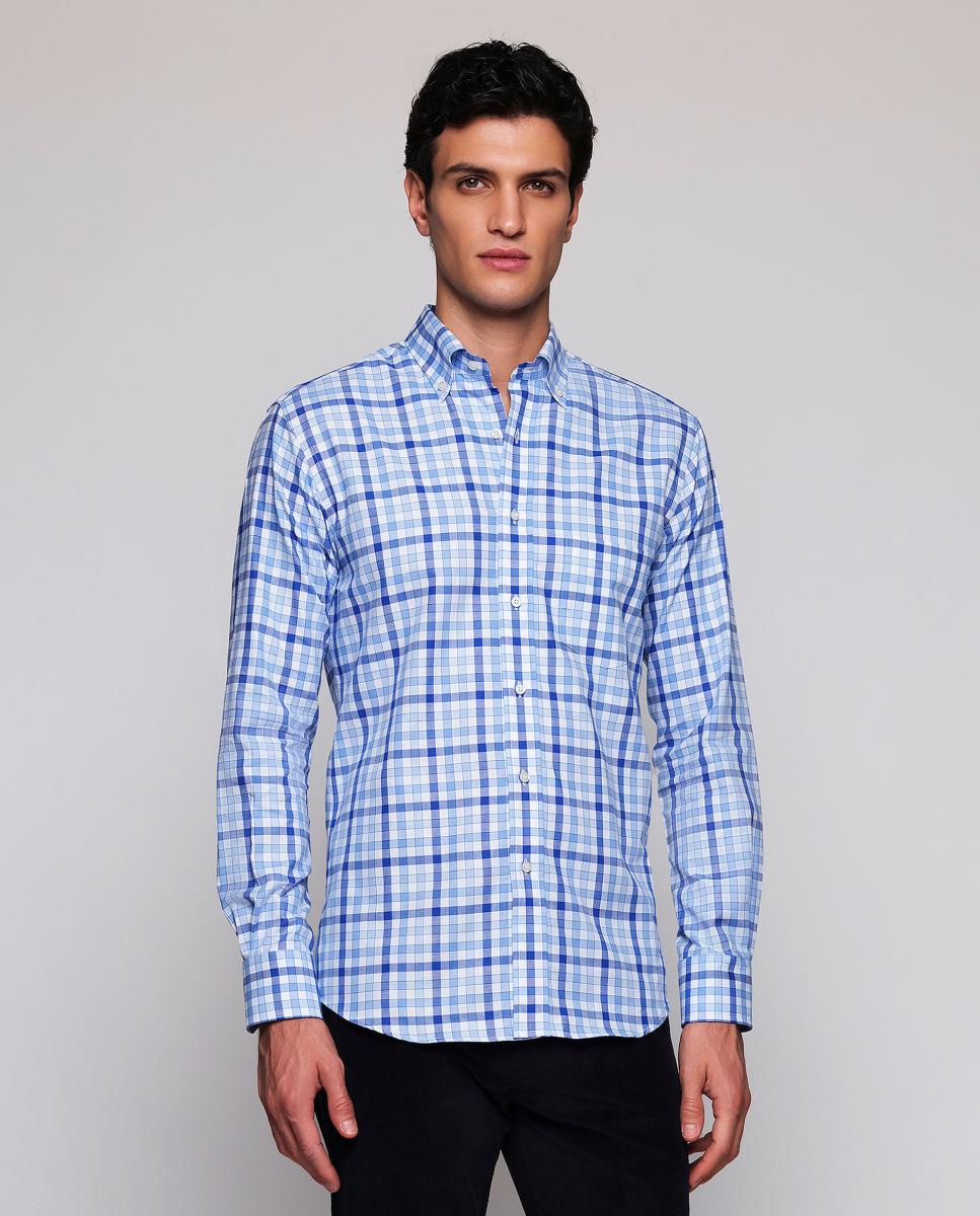 Camisa casual de hombre cuadros cuello con botones Tallas Grandes - Mirto - Azul Azul-1