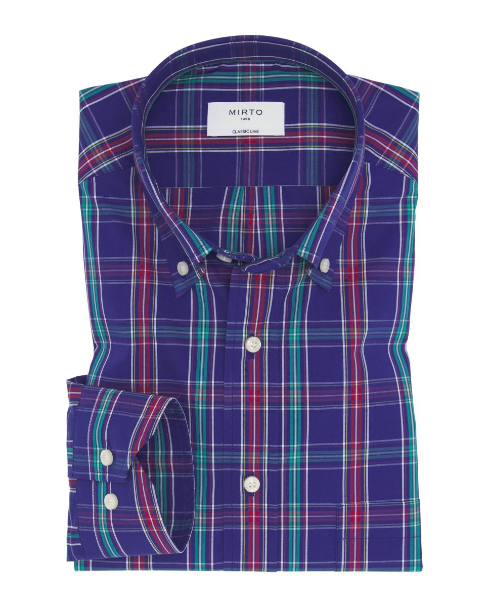 Camisa Casual aos Quadrados com Gola com Botões Tamanhos Grandes Azul-3