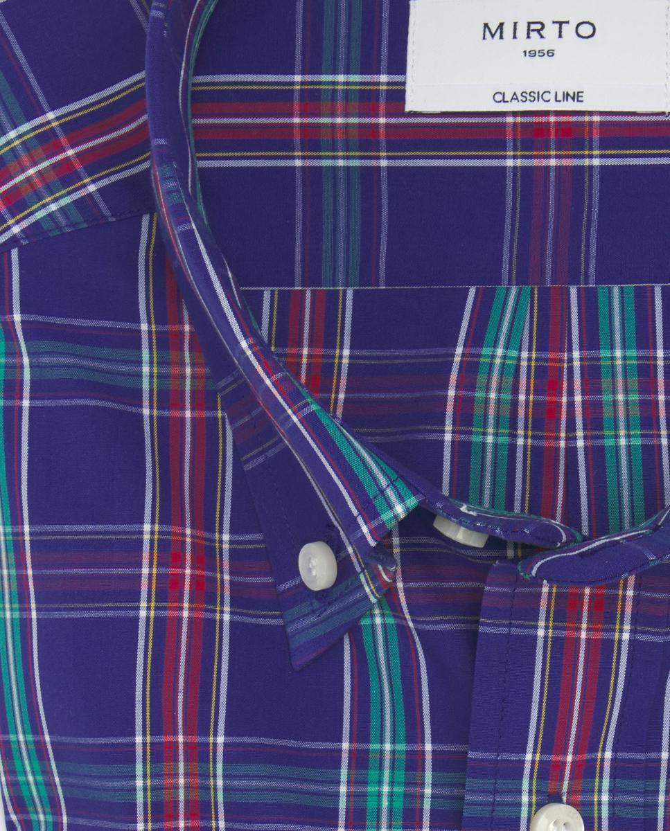 Camisa Casual aos Quadrados com Gola com Botões Tamanhos Grandes Azul-4