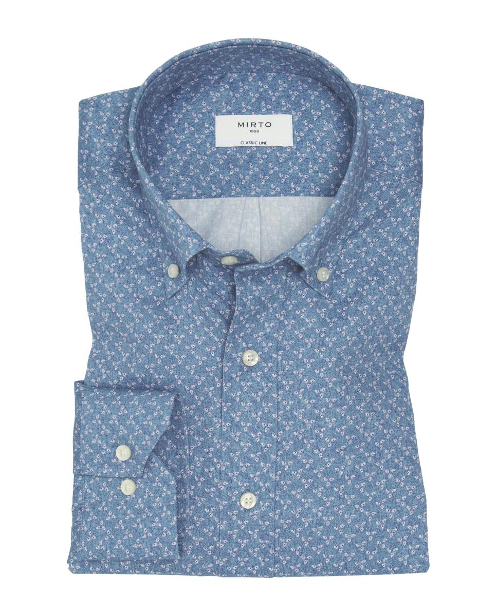 Camisa Casual Estampada Gola com Botões Tamanhos Grandes Azul-3
