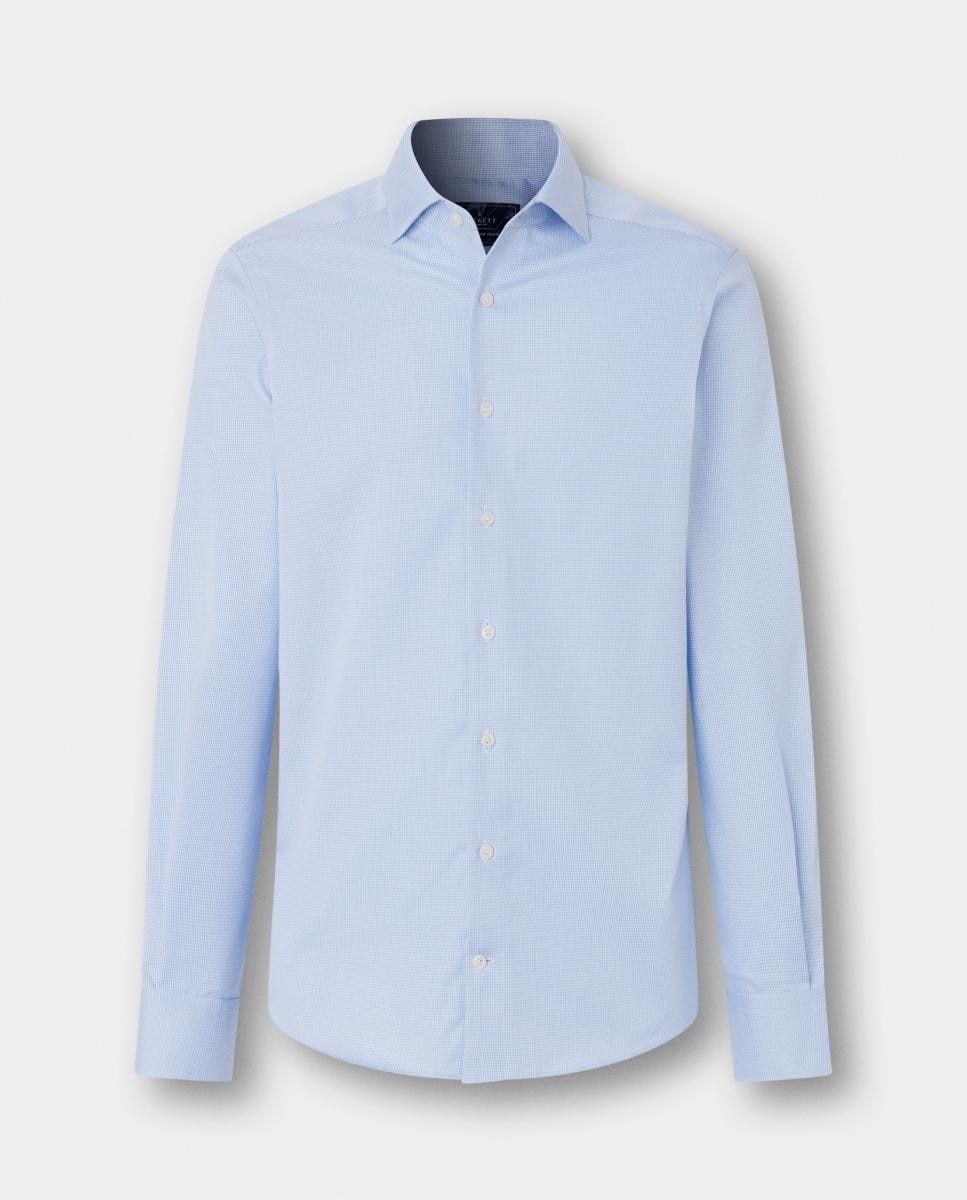 Camisa de Micro Quadrados de Manga Comprida Tamanhos grandes. Azul-claro-5