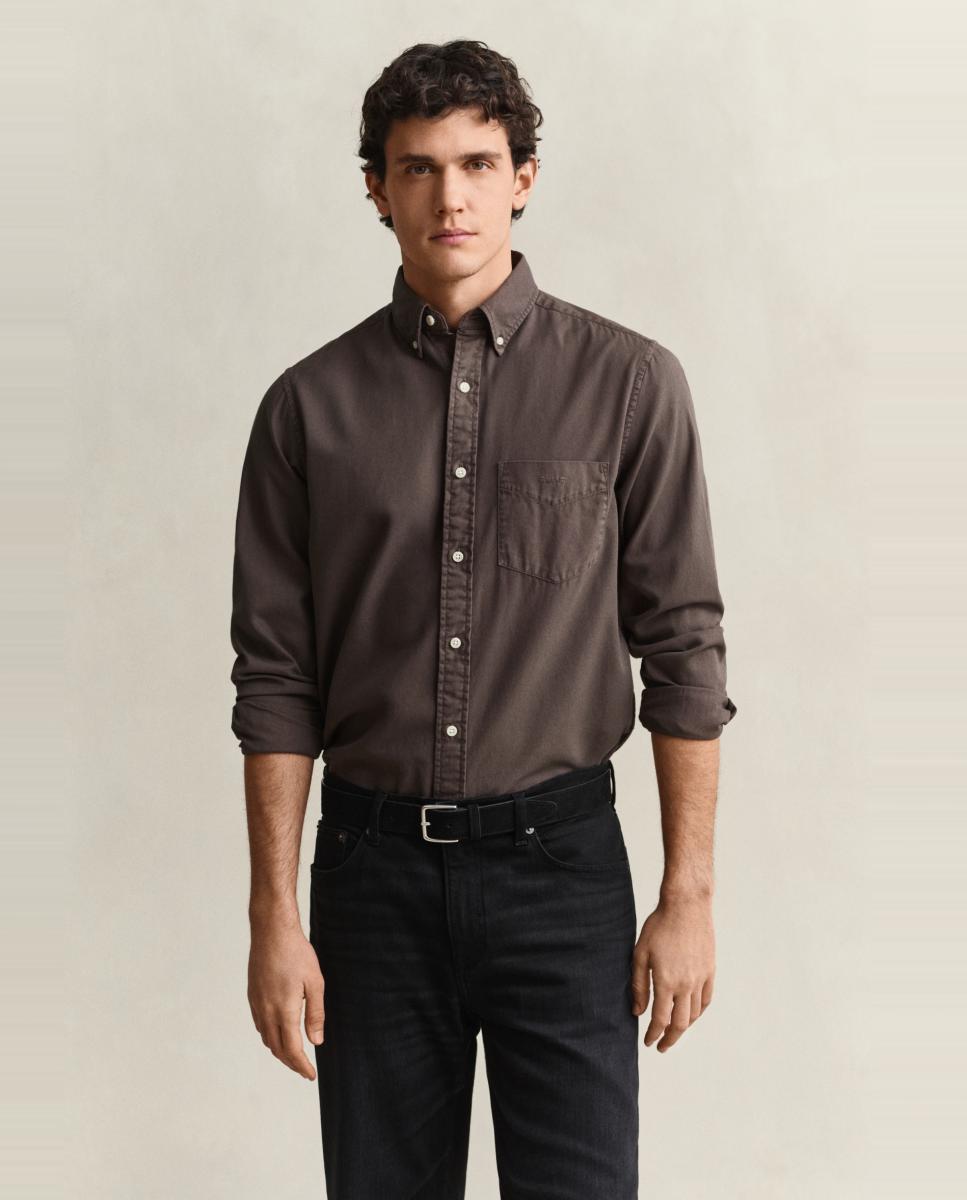 Camisa de Sarja Ligeira Regular Fit com Logótipo Bordado Tamanhos Grandes Castanho-1
