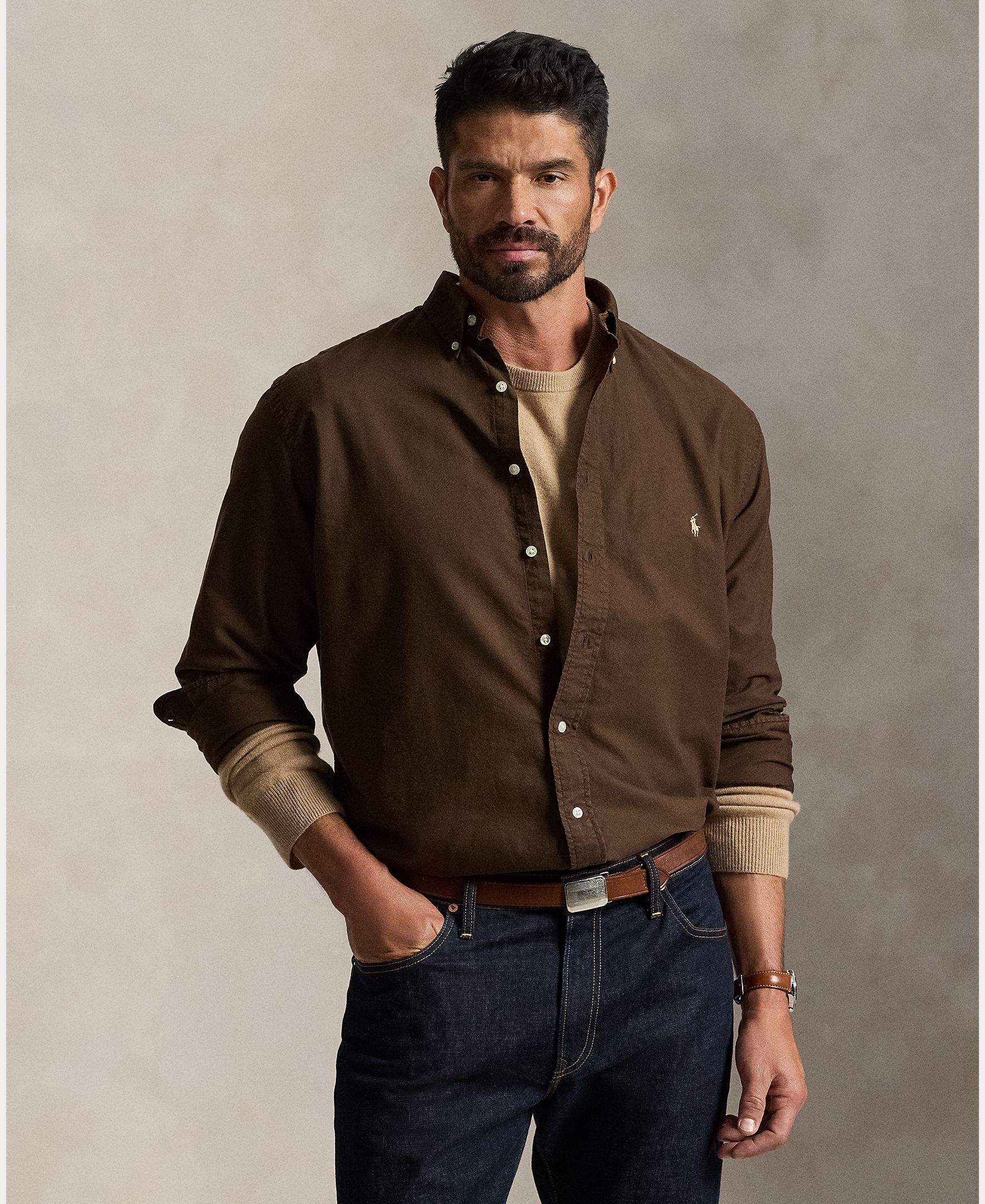 Camisa de hombre oxford teñida en prenda color Oliva - Polo Ralph Lauren - Marrón oscuro Marrón oscuro-1