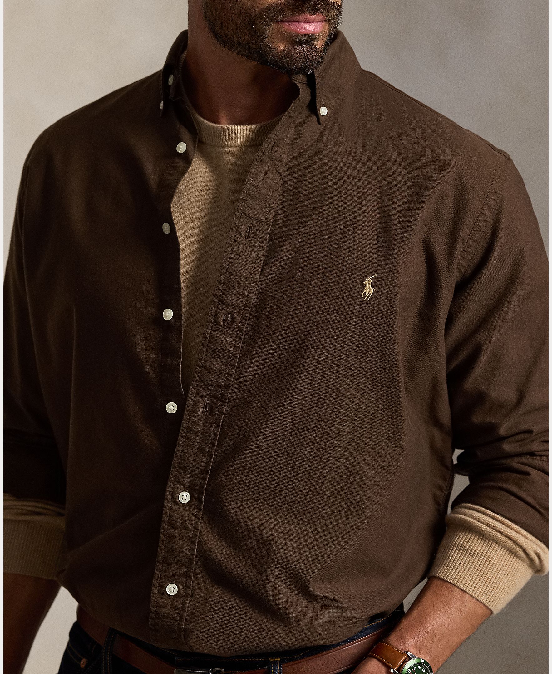 Camisa de hombre oxford teñida en prenda color Oliva - Polo Ralph Lauren - Marrón oscuro Marrón oscuro-3