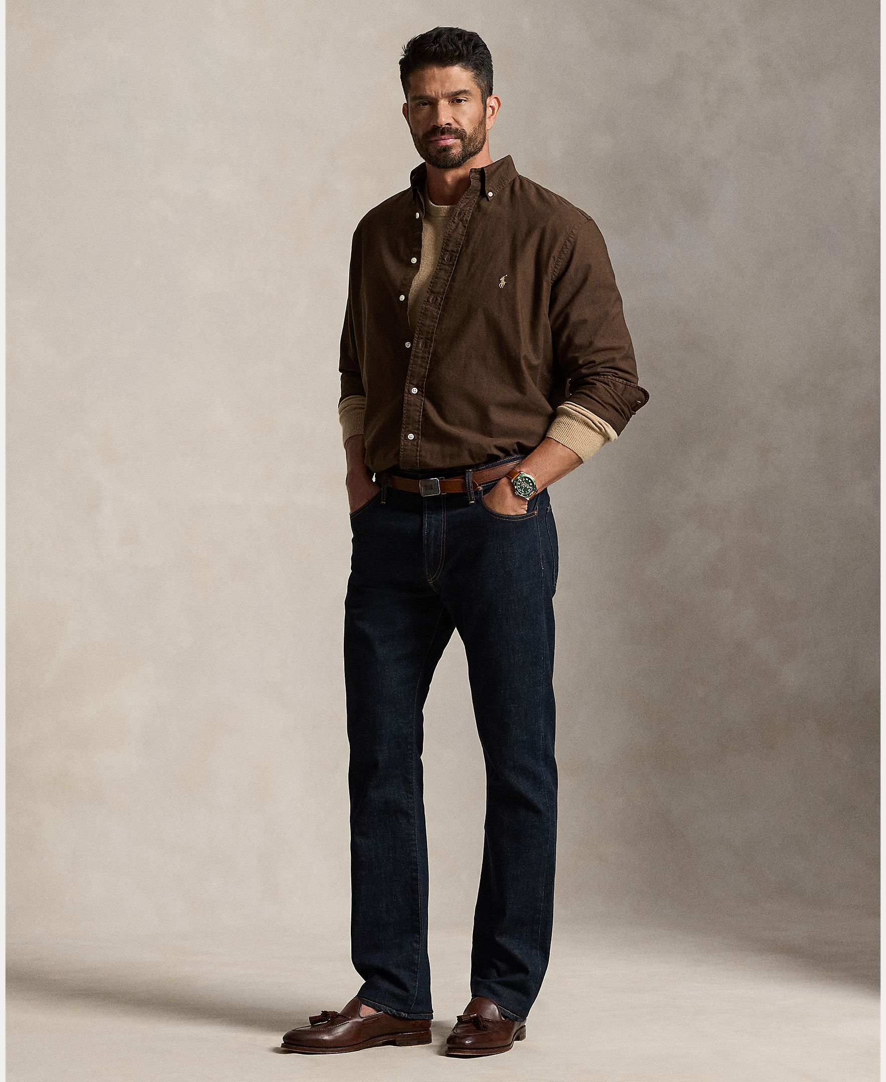Camisa de hombre oxford teñida en prenda color Oliva - Polo Ralph Lauren - Marrón oscuro Marrón oscuro-5