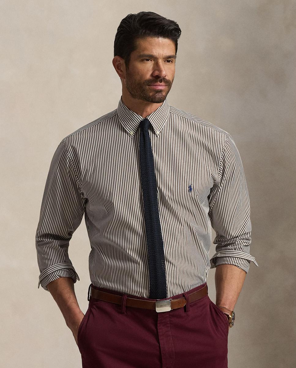 Camisa de hombre de popelina elástica con rayas Marrón Nuez Moscada - Polo Ralph Lauren - Marrón oscuro Marrón oscuro-1
