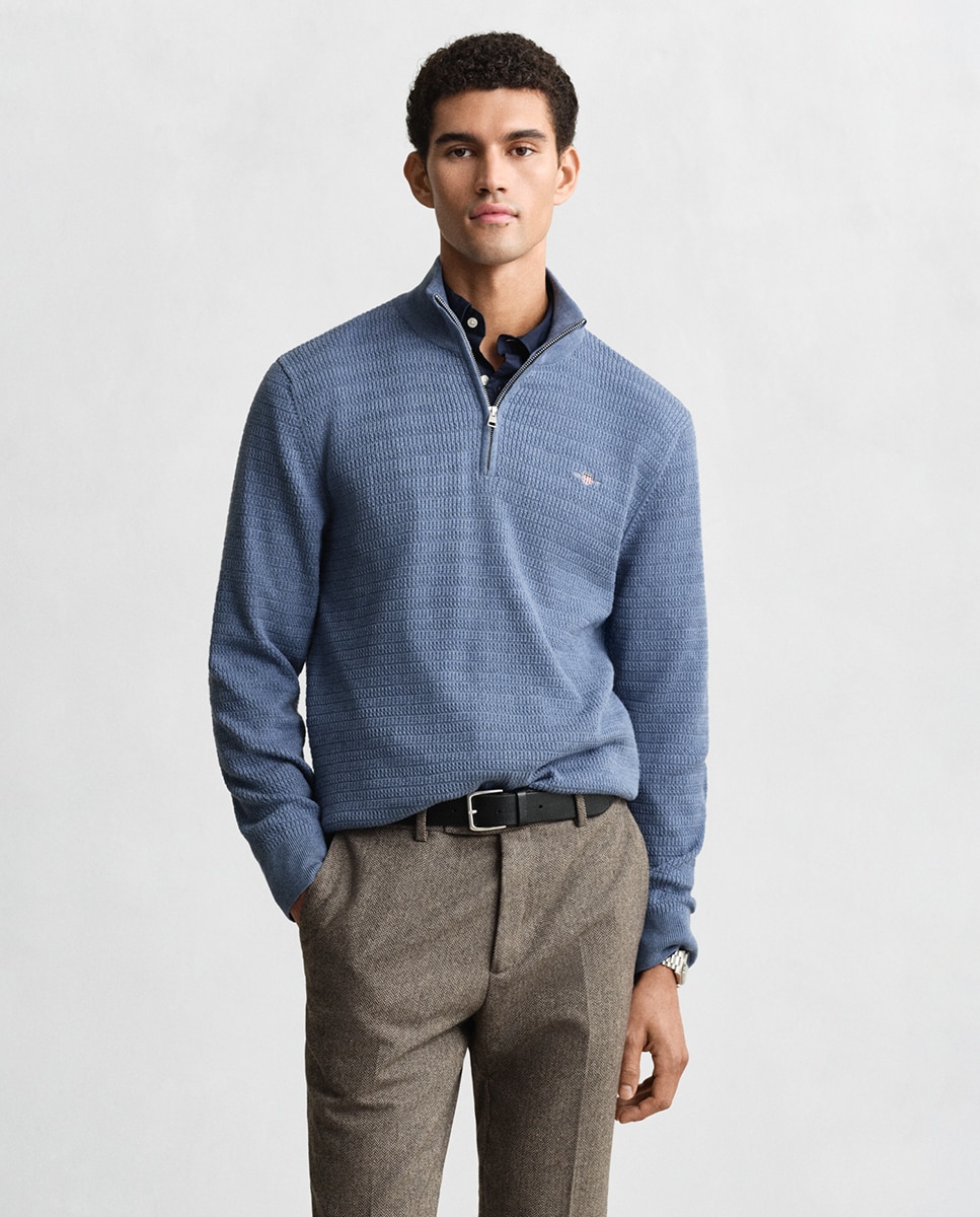 Camisola de Malha Lisa com Meio Fecho de Correr Tamanhos Grandes Azul-1