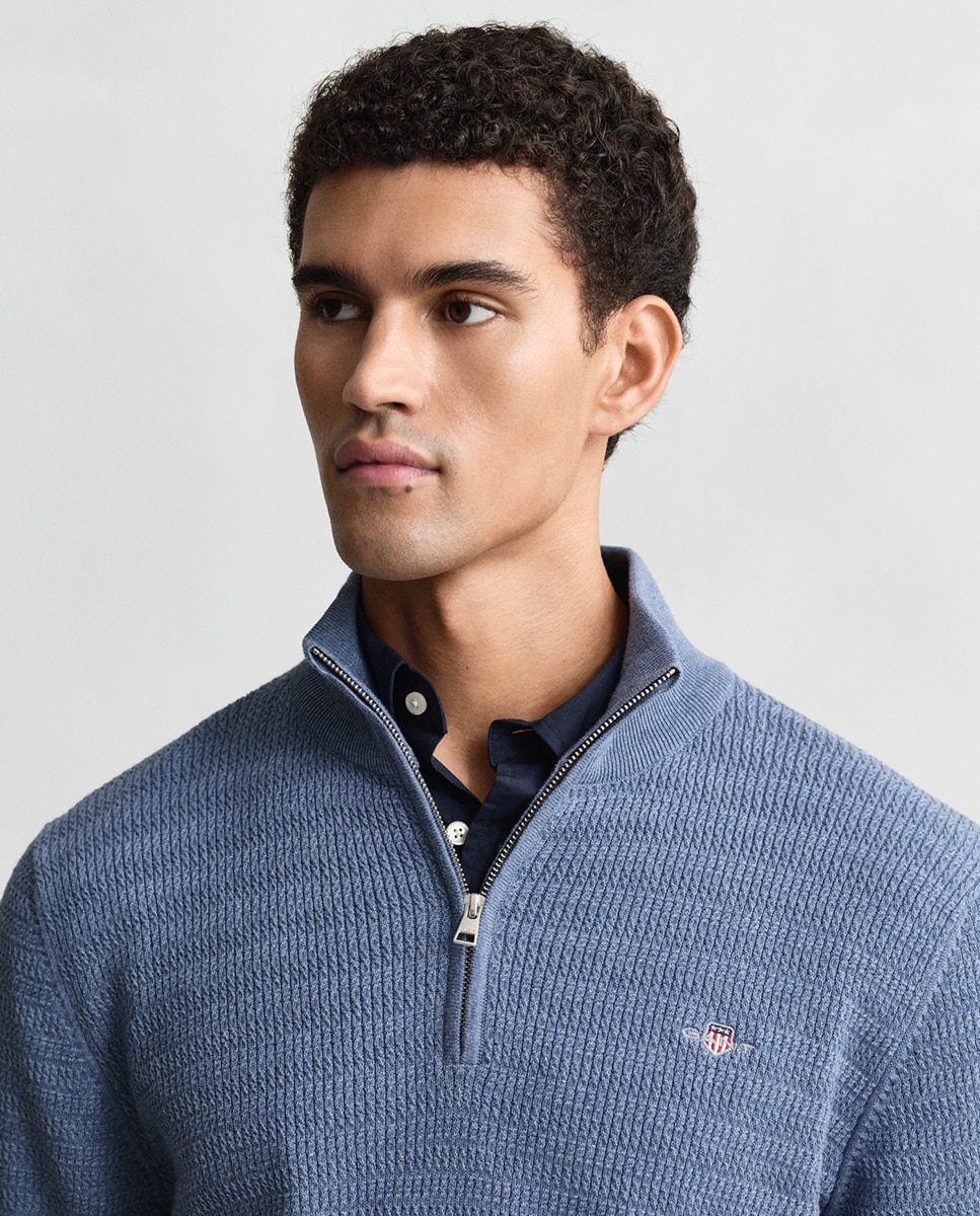 Camisola de Malha Lisa com Meio Fecho de Correr Tamanhos Grandes Azul-3