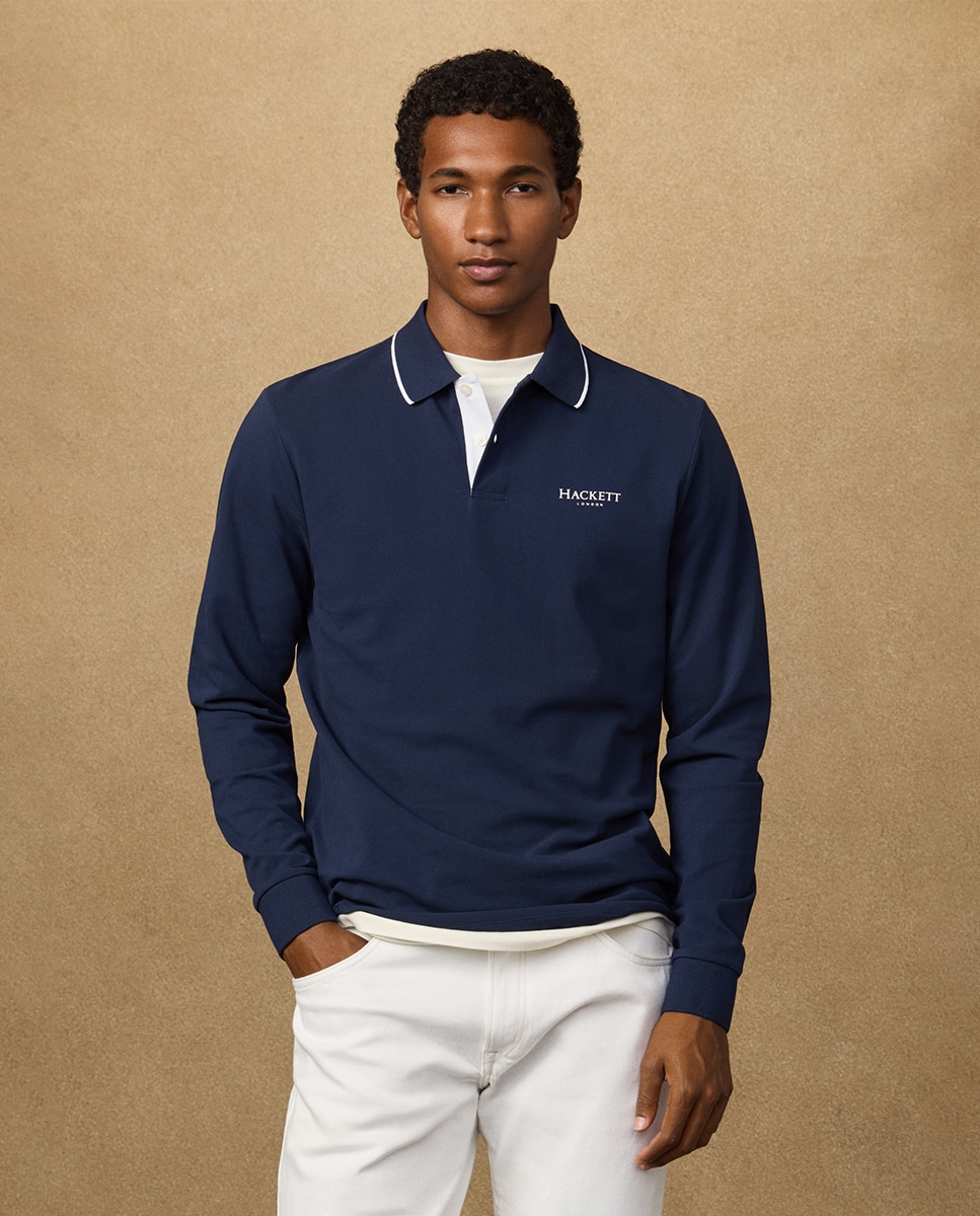 Polo de Manga Comprida com Logótipo Estampado Tamanhos Grandes Azul-marinho-1