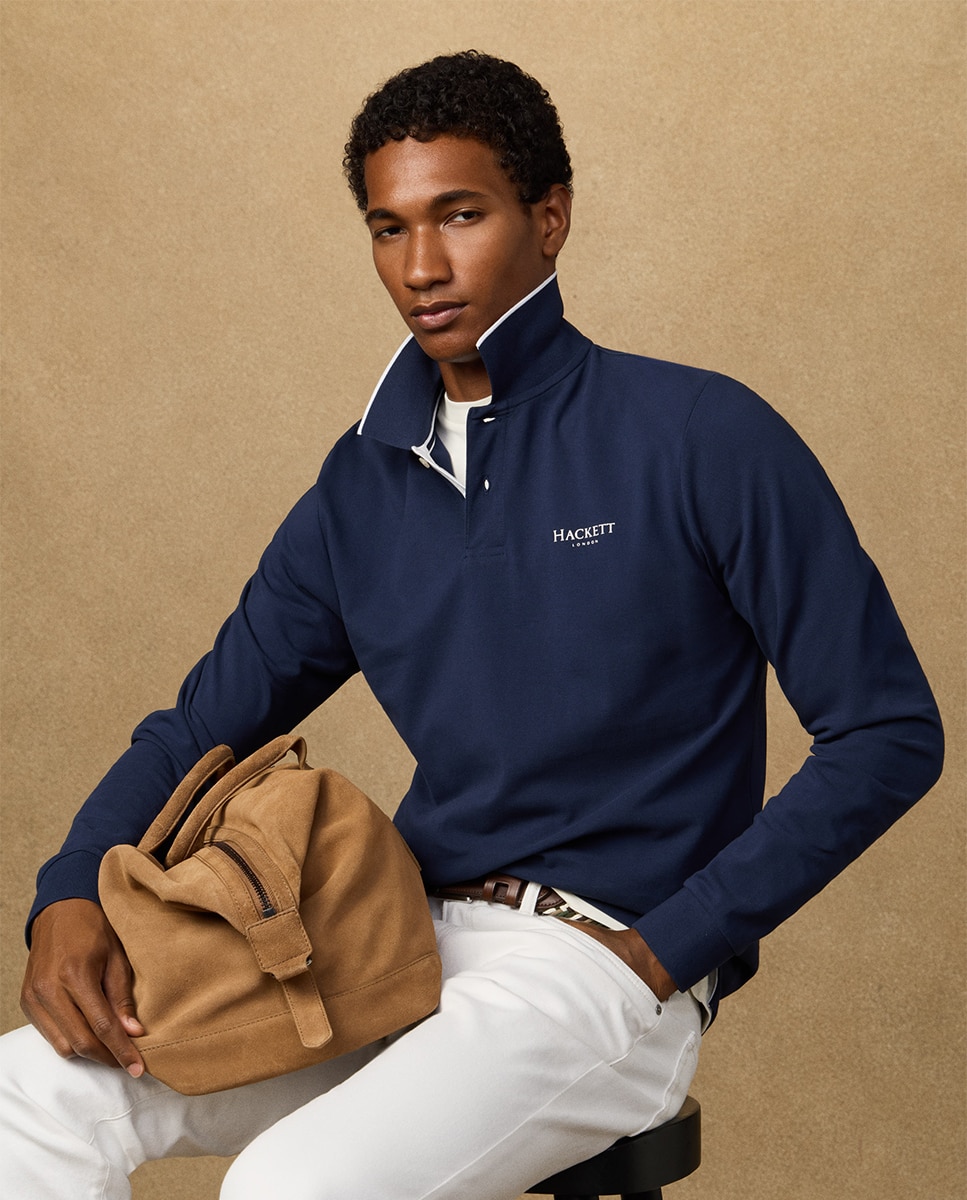 Polo de Manga Comprida com Logótipo Estampado Tamanhos Grandes Azul-marinho-4