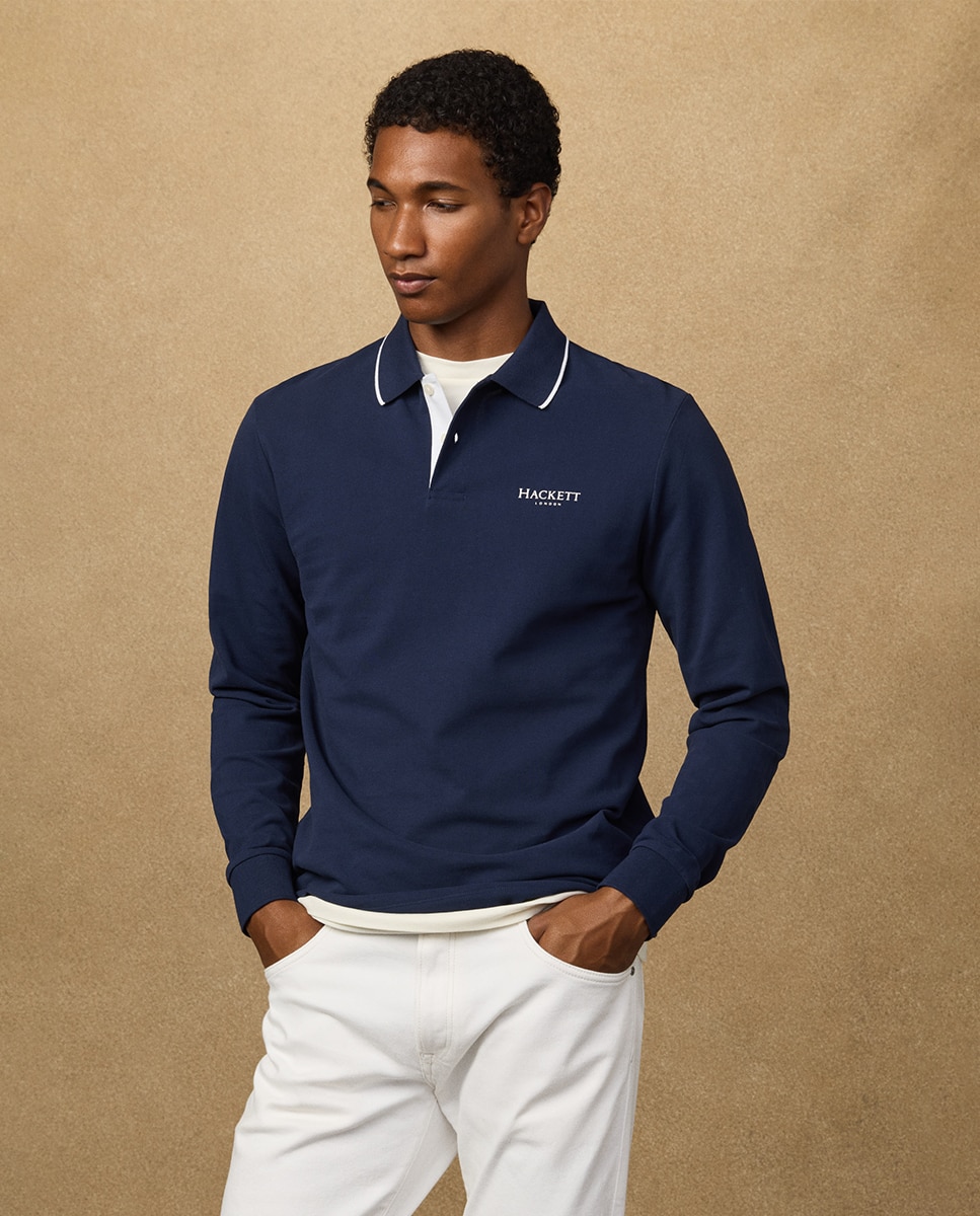 Polo de Manga Comprida com Logótipo Estampado Tamanhos Grandes Azul-marinho-5
