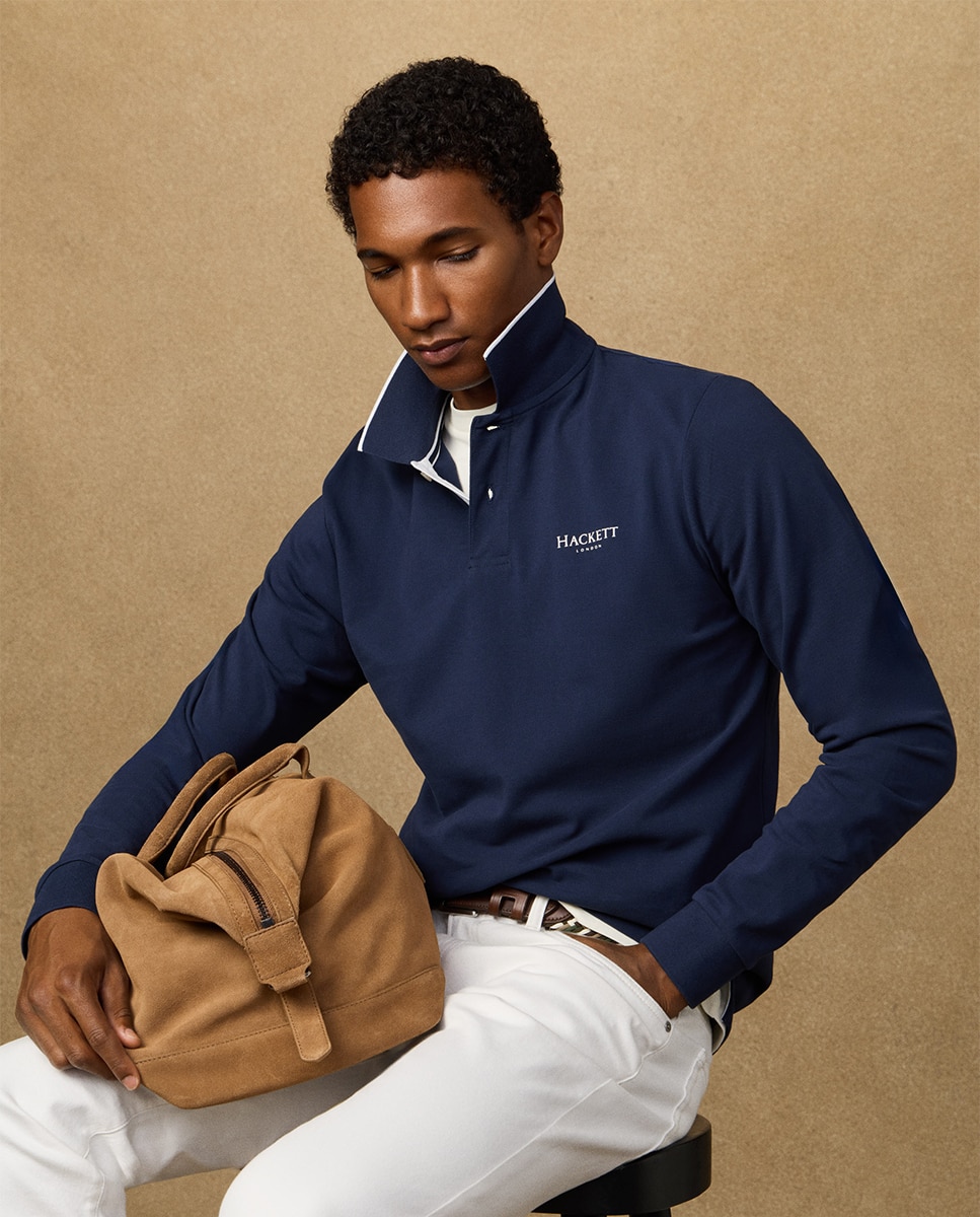 Polo de Manga Comprida com Logótipo Estampado Tamanhos Grandes Azul-marinho-6