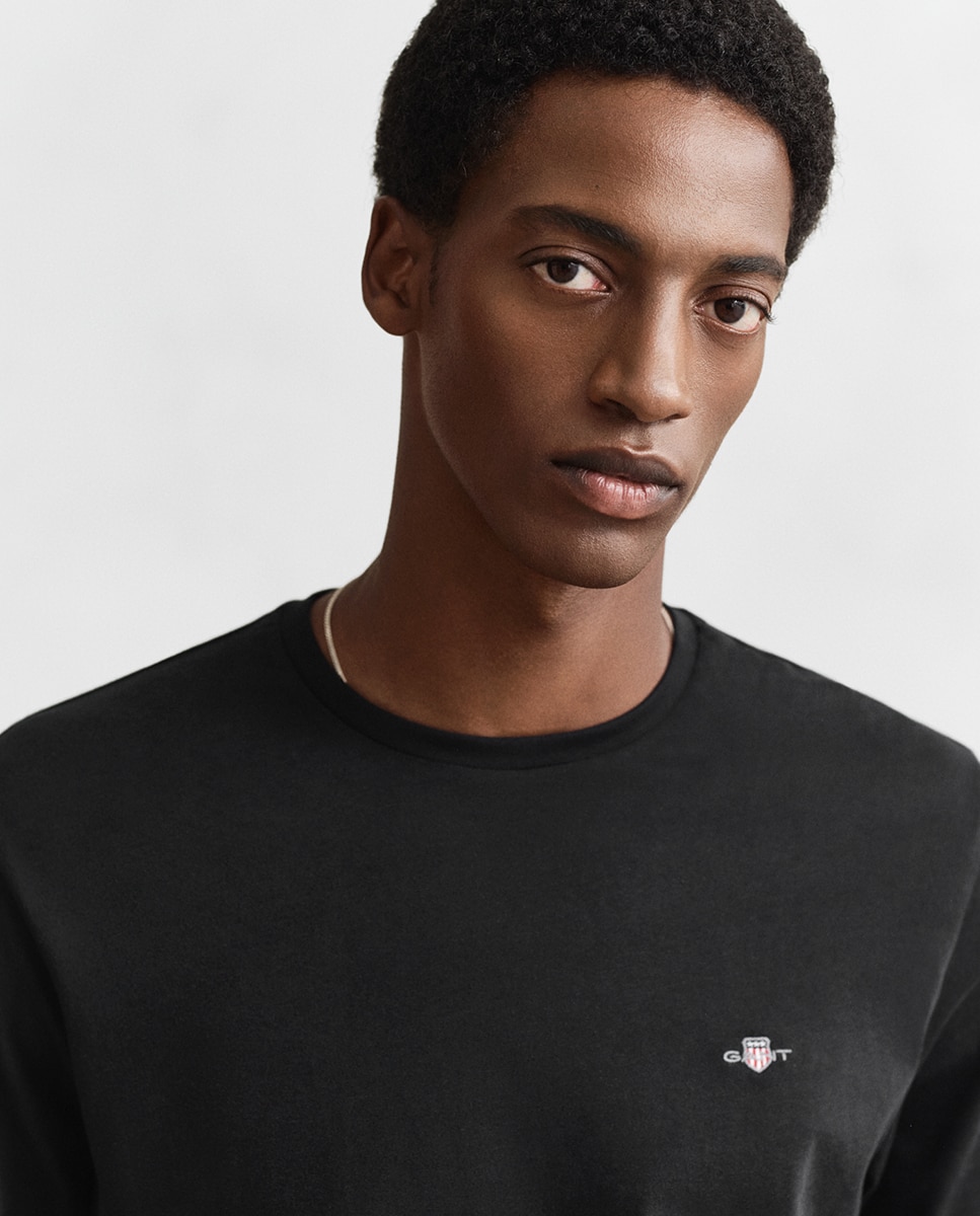 T-shirt de Gola Redonda com Manga Comprida Tamanhos Grandes Preto-3