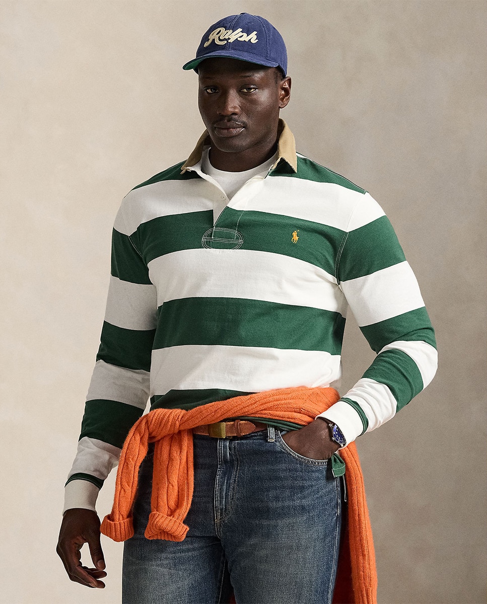 T-shirt de Rugby de Algodão às Riscas Tamanhos Grandes Branco / Verde-1