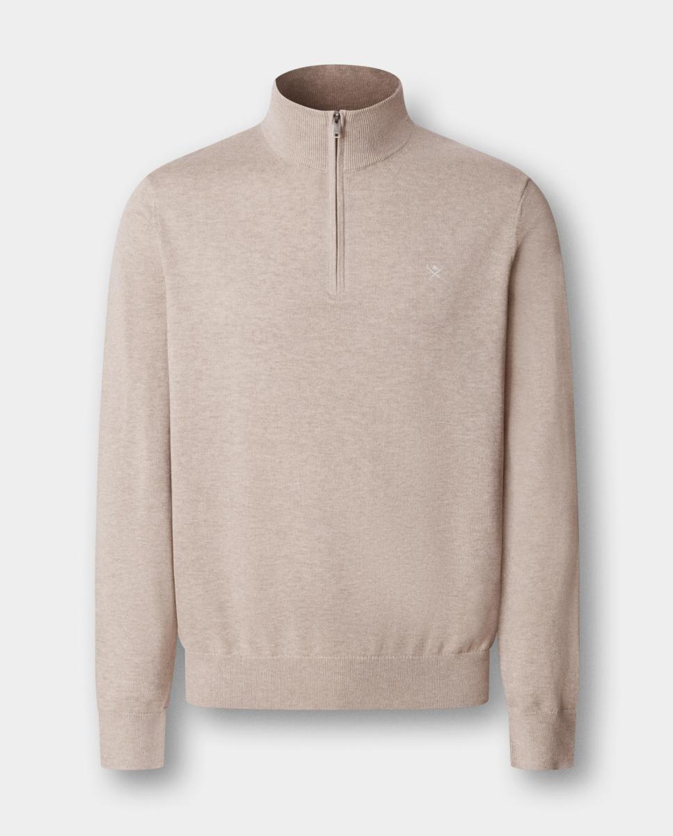Camisola de Malha 100% Algodão com Gola de Meio Fecho de Correr Tamanhos Grandes Bege-5