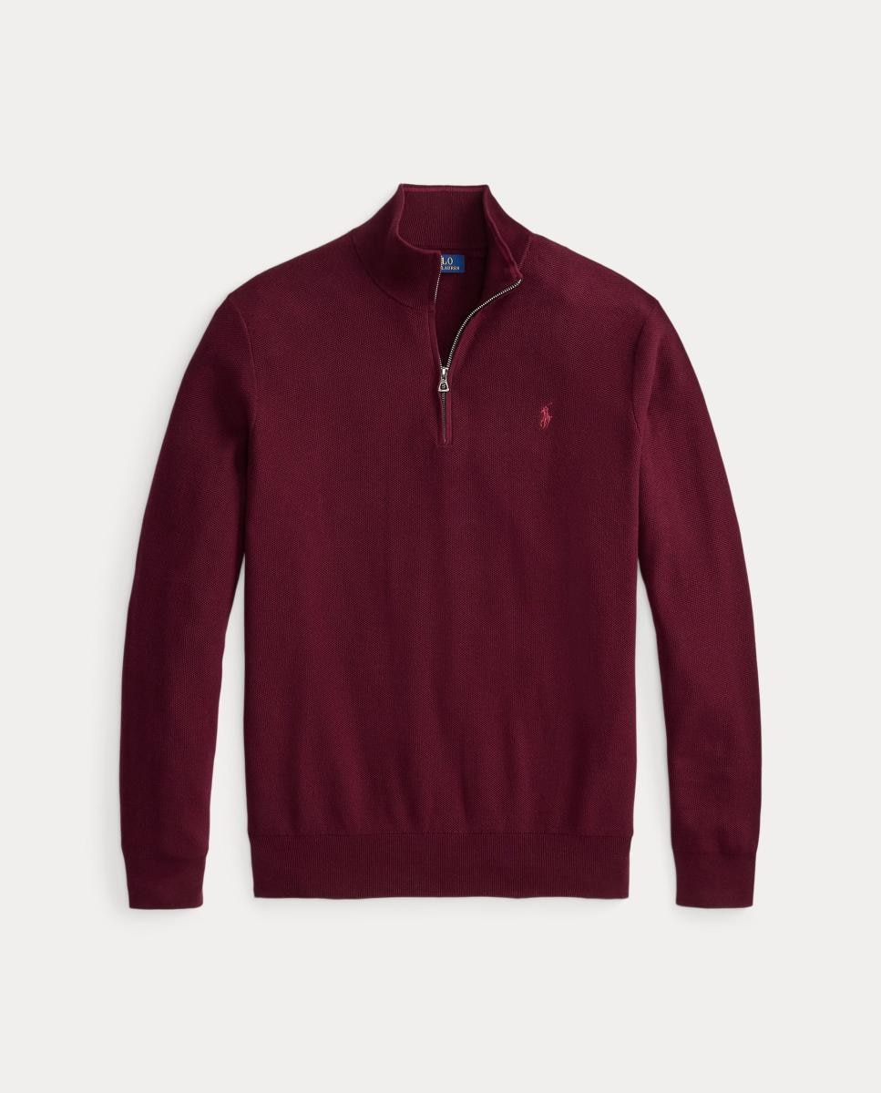 Camisola de Malha Tamanhos Grandes com Meio Fecho de Correr e em Algodão Grená-5
