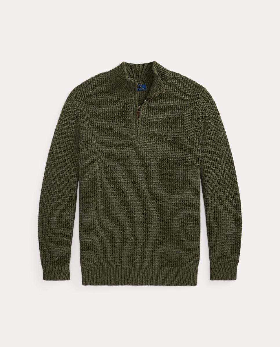 Camisola de Malha de Lã e Algodão com Meio Fecho de Correr Tamanhos Grandes Caqui-6