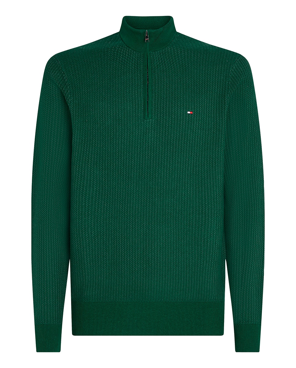 Camisola de Malha Lisa Tamanhos Grandes com Meio Fecho de Correr Verde-1