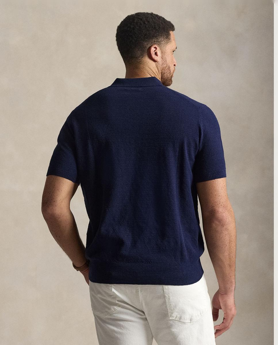 Camisola de Malha para Homem de Manga Curta em Algodão e Linho, Tamanhos Grandes Azul-marinho-3