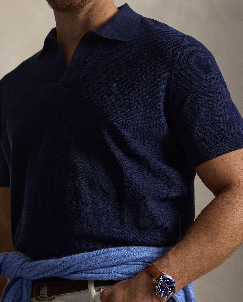 Camisola de Malha para Homem de Manga Curta em Algodão e Linho, Tamanhos Grandes Azul-marinho-4