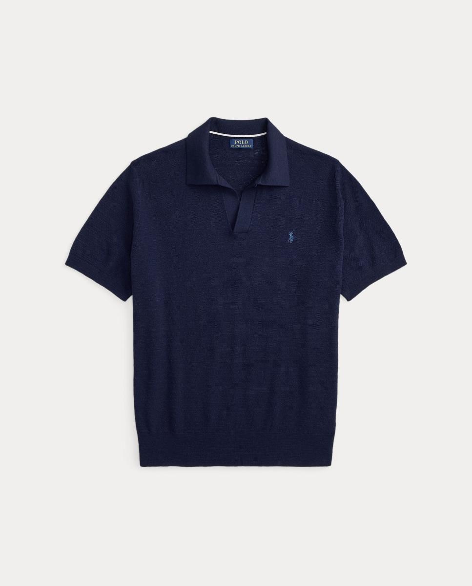 Camisola de Malha para Homem de Manga Curta em Algodão e Linho, Tamanhos Grandes Azul-marinho-5