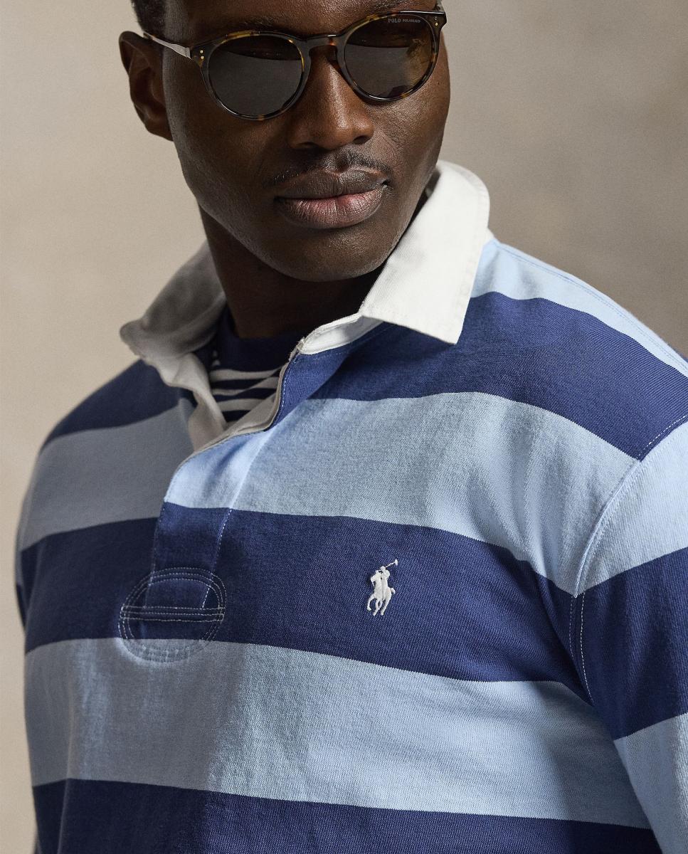 Polo de Rugby de Homem às Riscas Classic Fit, Tamanhos Grandes Azul-4