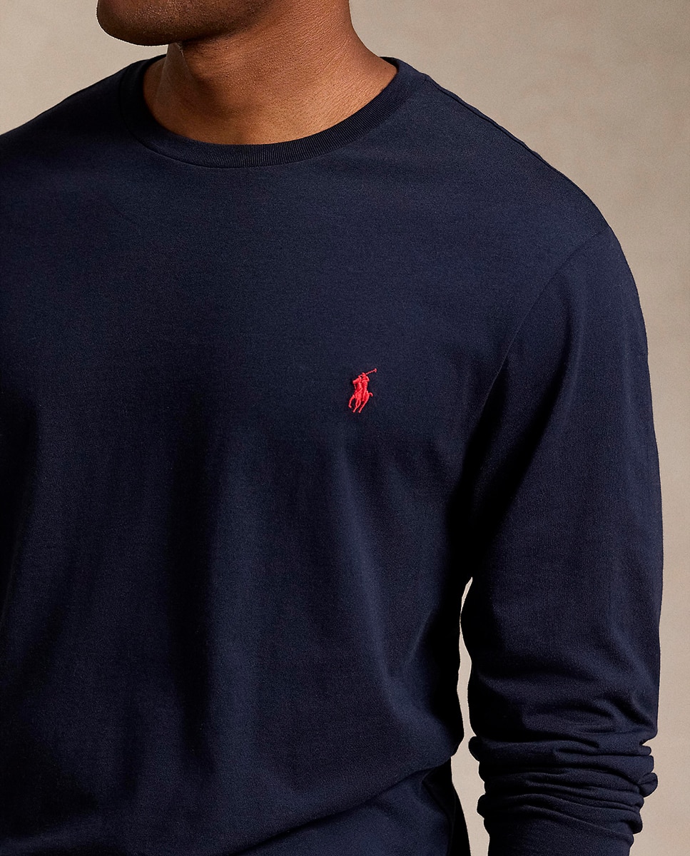 T-shirt de Algodão com Cavalo Bordado Tamanhos Grandes Azul Melange-4