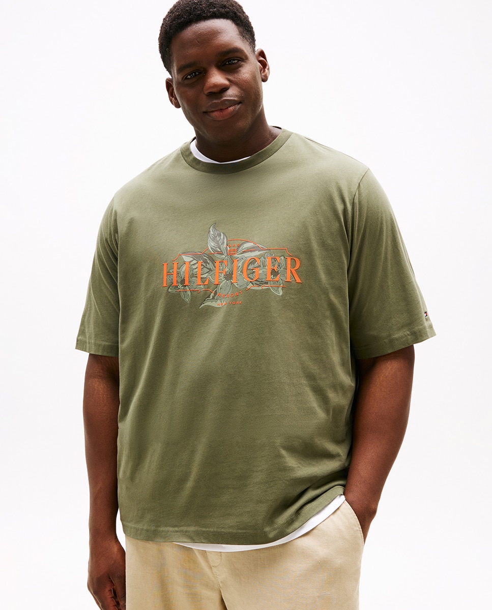 T-shirt de Manga Curta com Branding Estampado Tamanhos Grandes Verde-militar-1