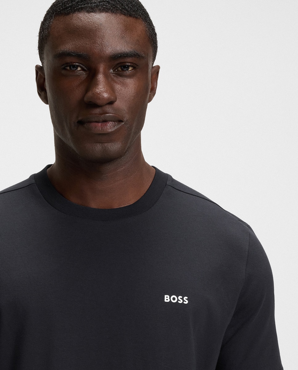 Camiseta regular fit de algodón elástico con logo en contraste - Boss - Azul Azul-2