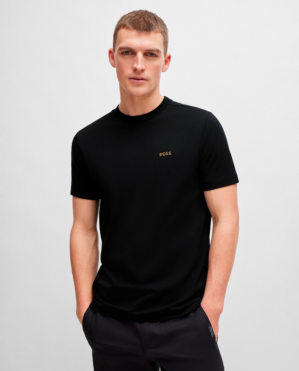 T-shirt Regular Fit de Algodão Elástico com Logótipo em Contraste Preto-1