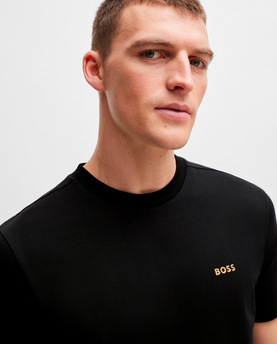 T-shirt Regular Fit de Algodão Elástico com Logótipo em Contraste Preto-3