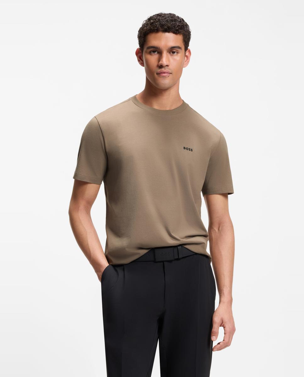Camiseta regular fit de algodón elástico con logo en contraste - Boss - Verde Verde-1
