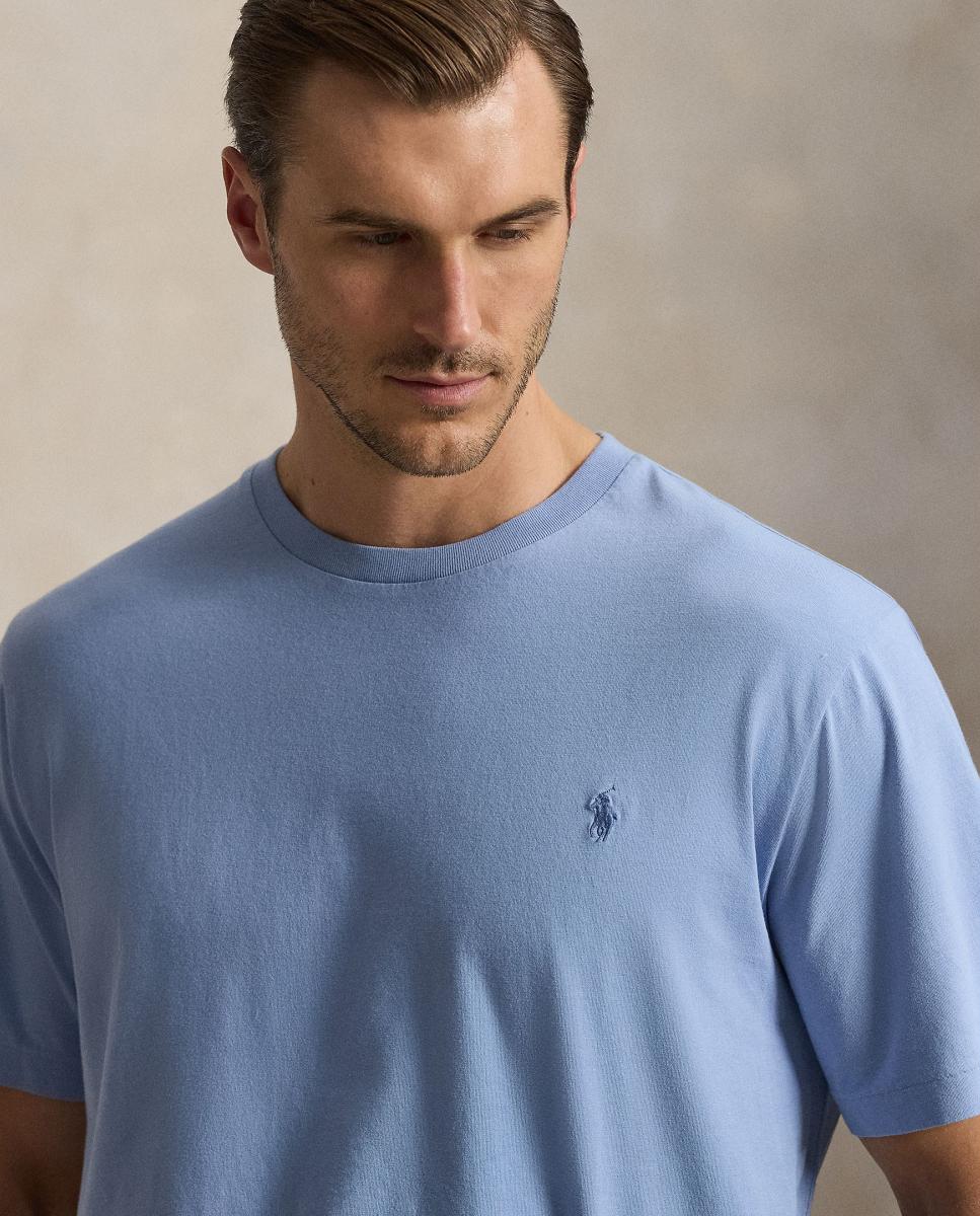 T-shirt de Algodão com Gola Redonda Tamanhos Grandes Azul pálido-4