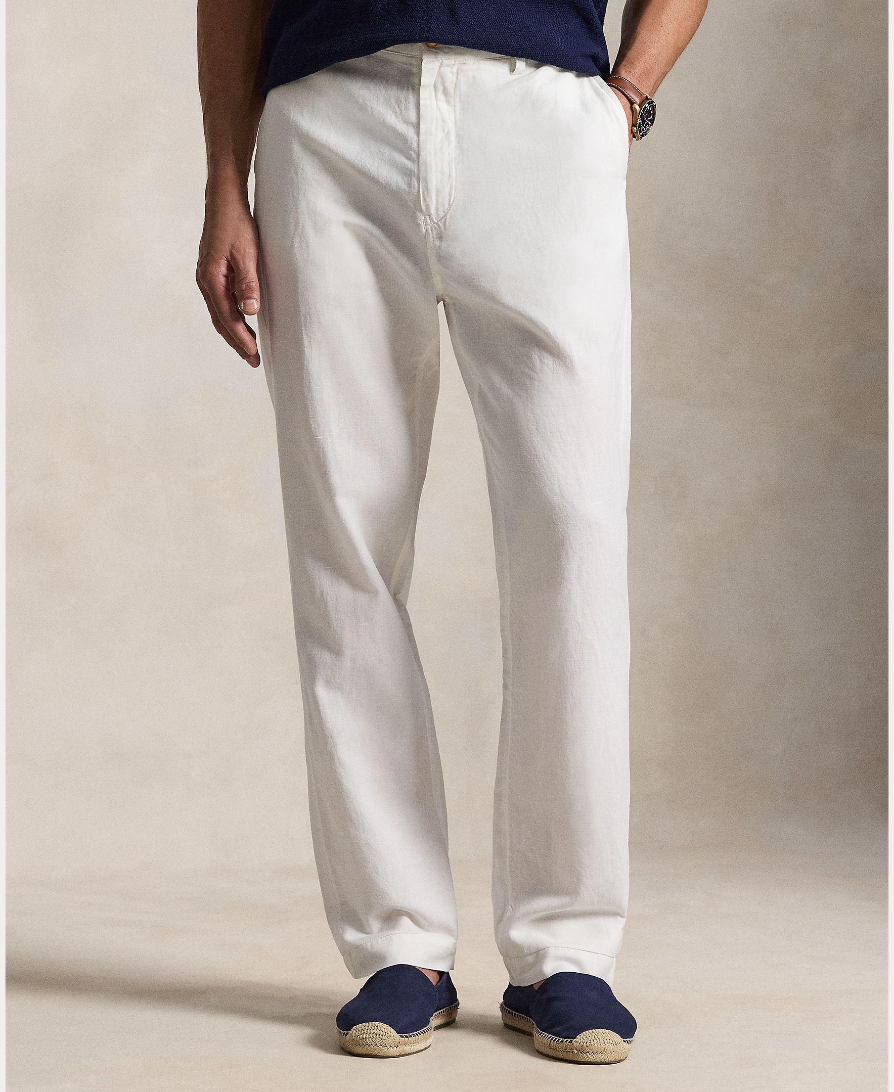 Calças Chino de Linho e Algodão Tamanhos Grandes Branco-3