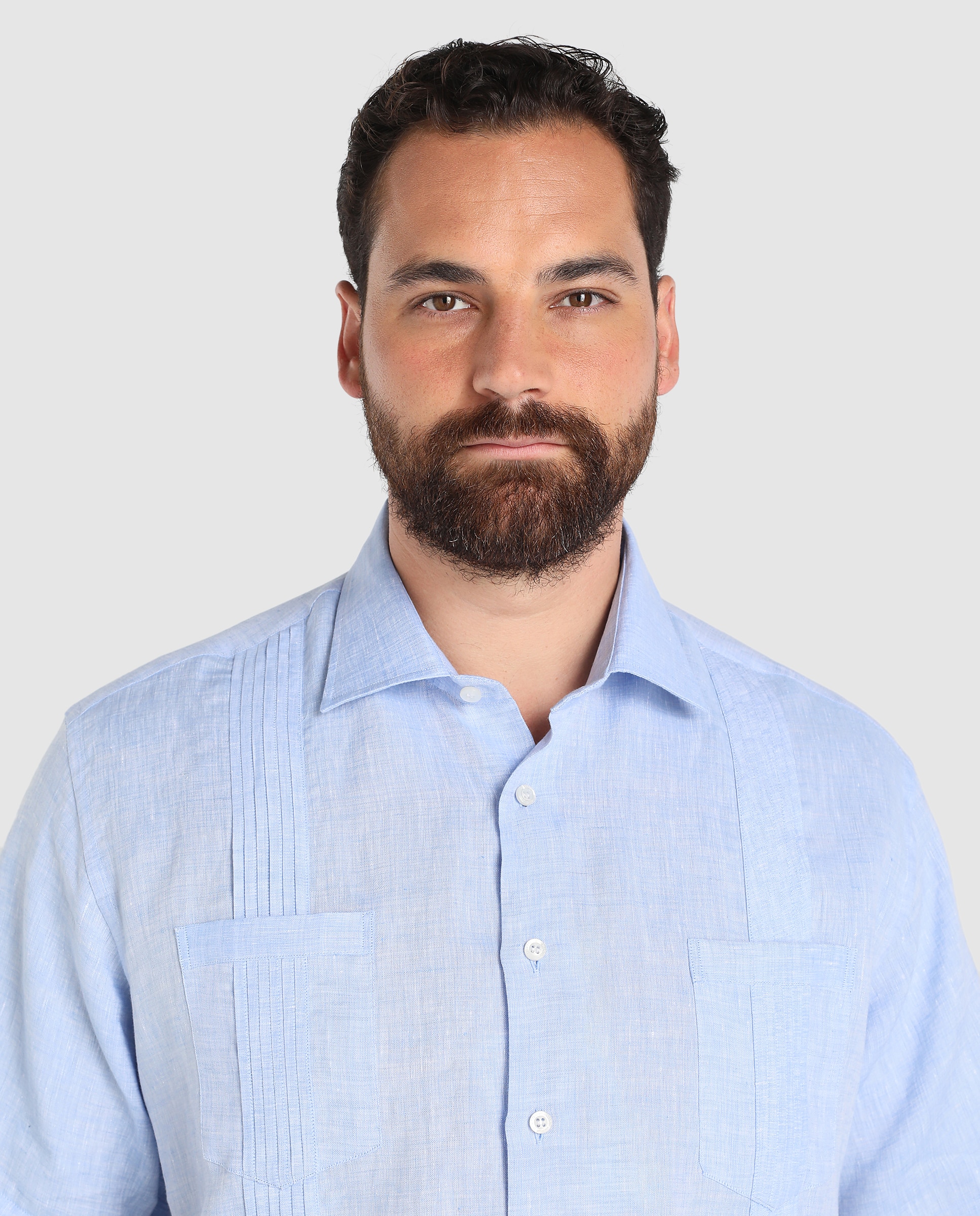 Camisa guayabera de linho de homem Mirto regular lisa azul tamanhos grandes Azul-3