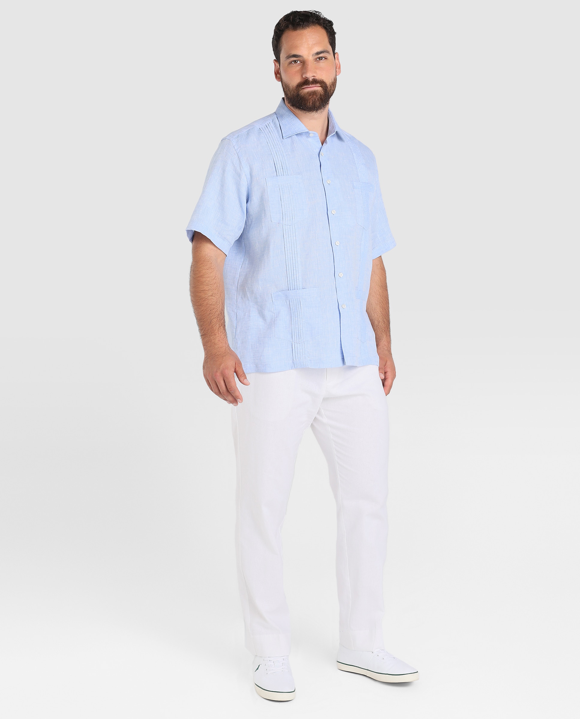 Camisa guayabera de linho de homem Mirto regular lisa azul tamanhos grandes Azul-6