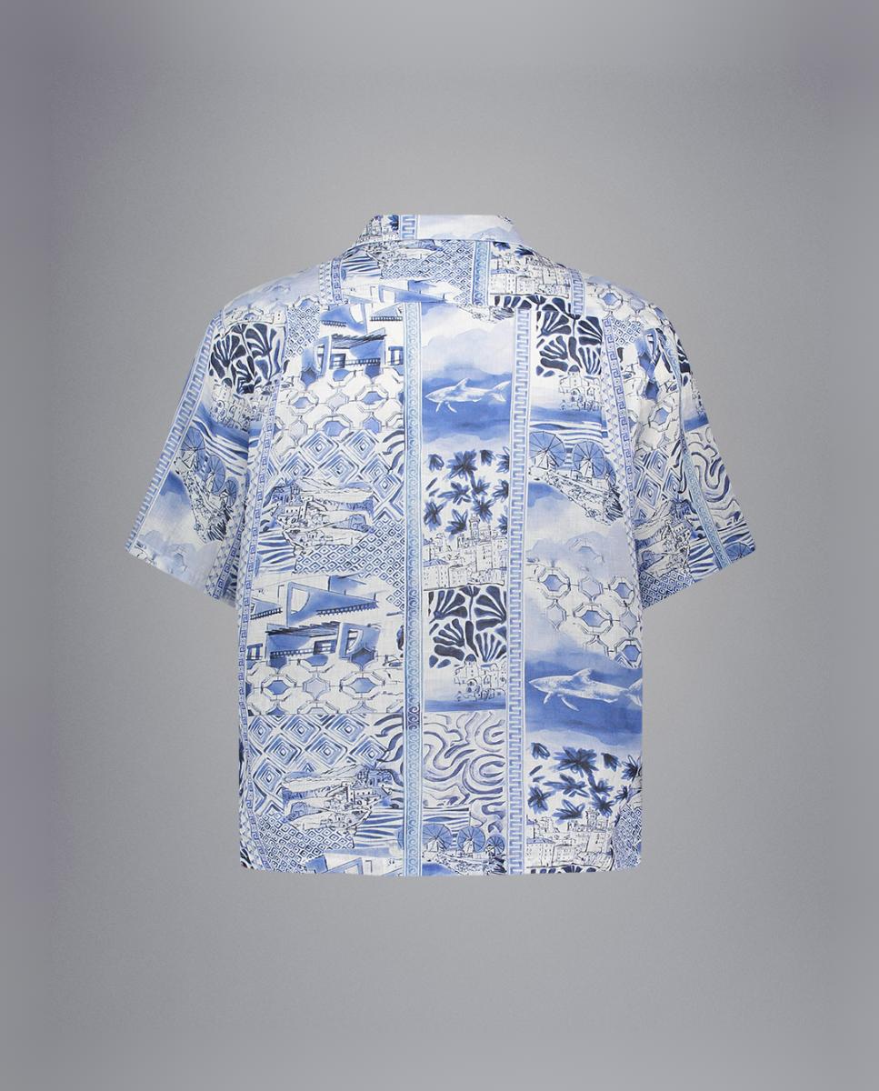 Camisa Estampada de Linho com Manga Curta Azul-2