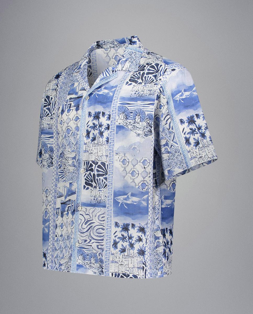 Camisa Estampada de Linho com Manga Curta Azul-4