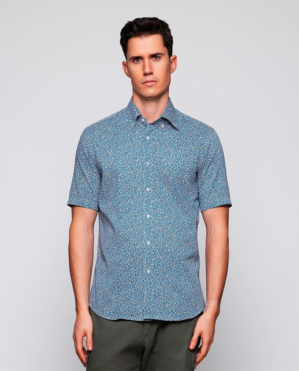 Camisa de Manga Curta com Estampado Floral Tamanhos Grandes Azul-1