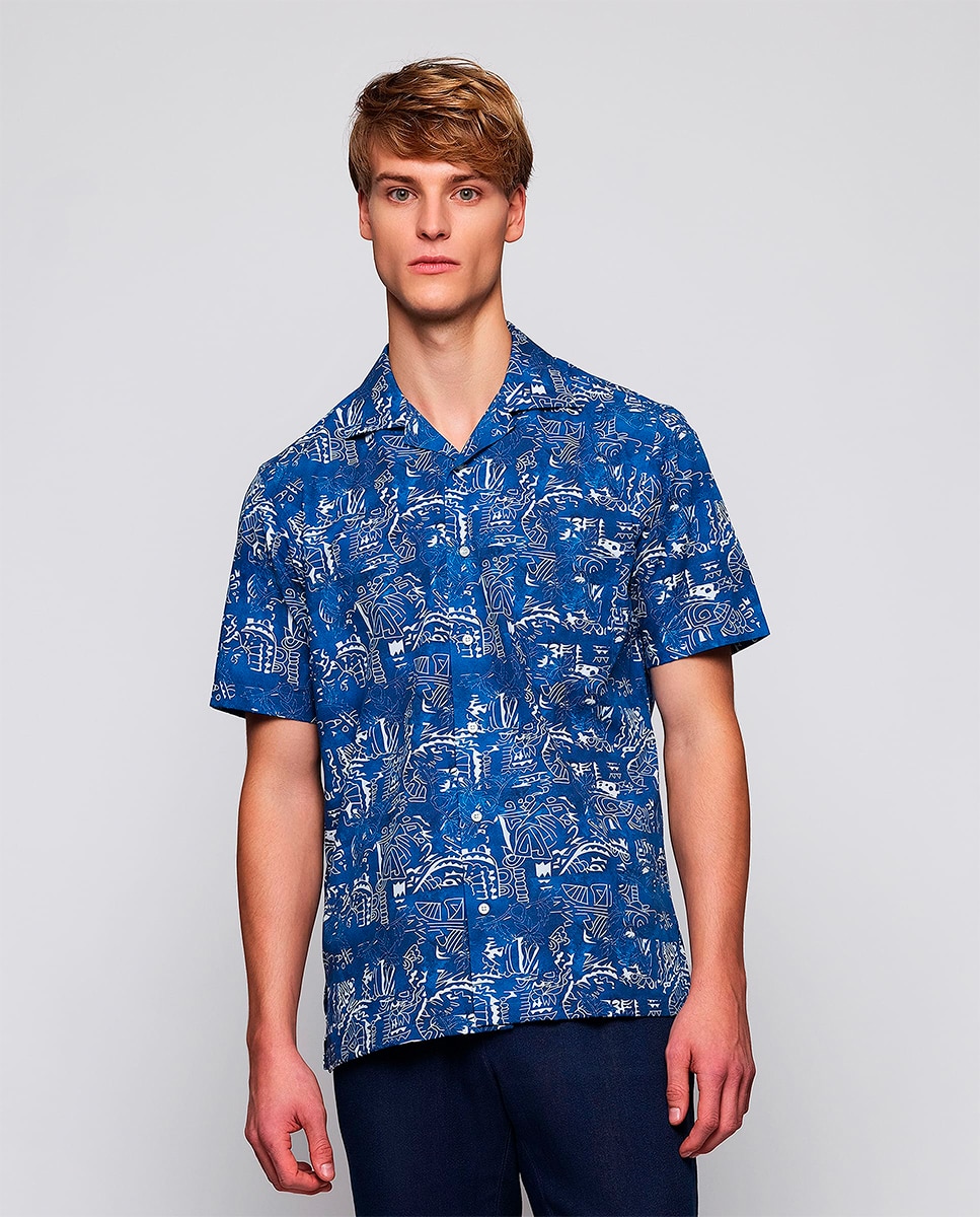 Camisa Havaiana Estampada com Manga Curta Tamanhos Grandes Azul-marinho-1