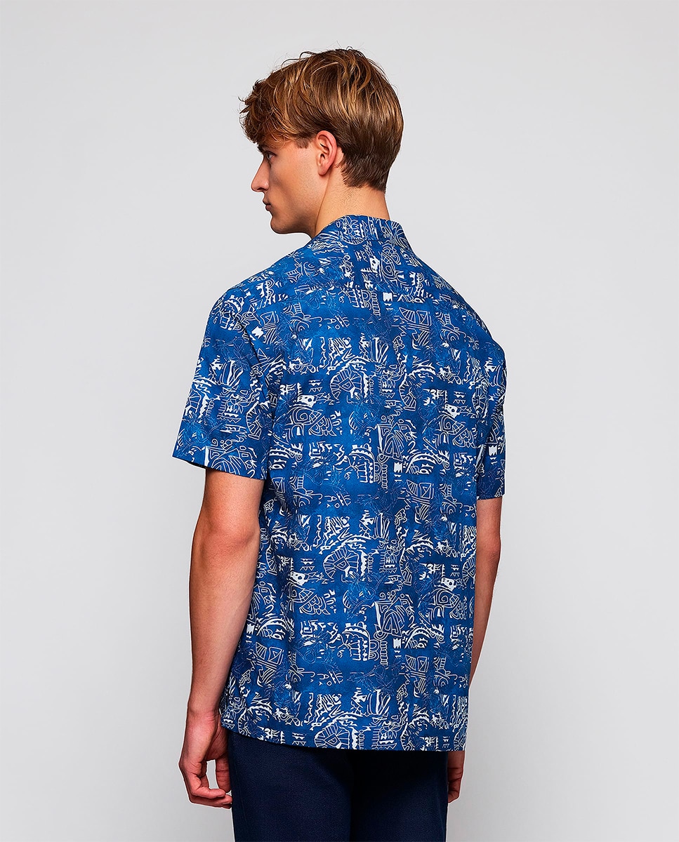 Camisa Havaiana Estampada com Manga Curta Tamanhos Grandes Azul-marinho-2