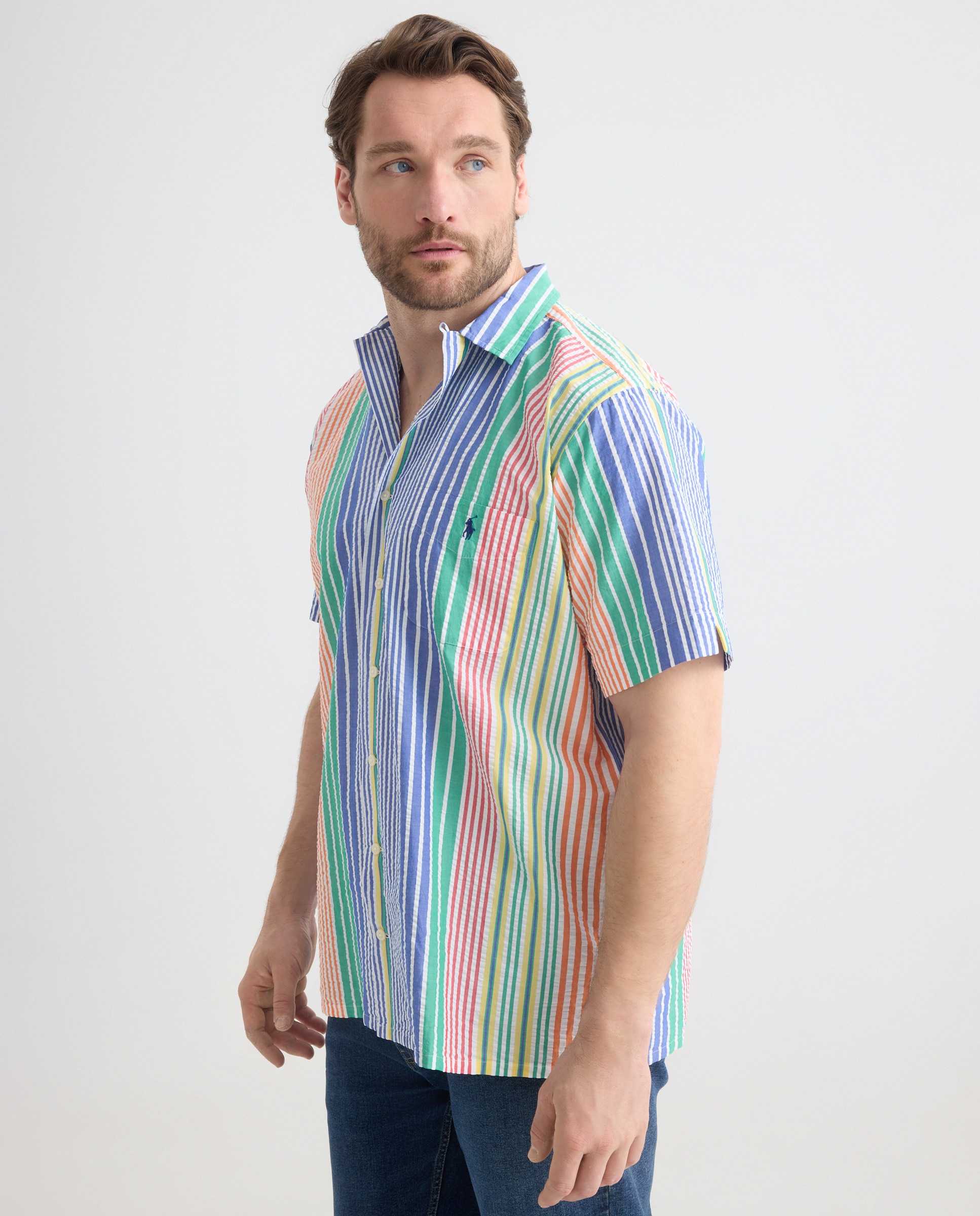 Camisa de Manga Curta às Riscas Tamanhos Grandes Multicolor-1