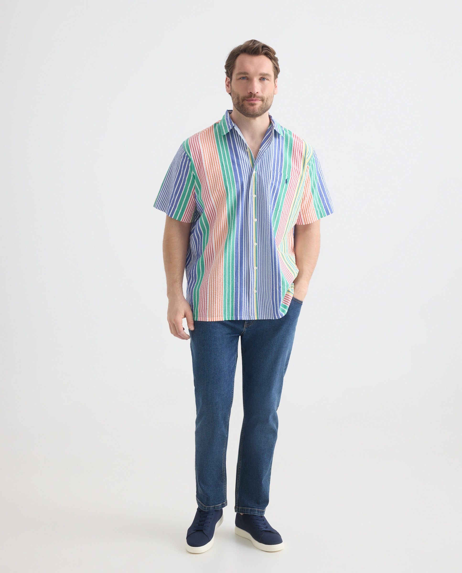 Camisa de Manga Curta às Riscas Tamanhos Grandes Multicolor-3