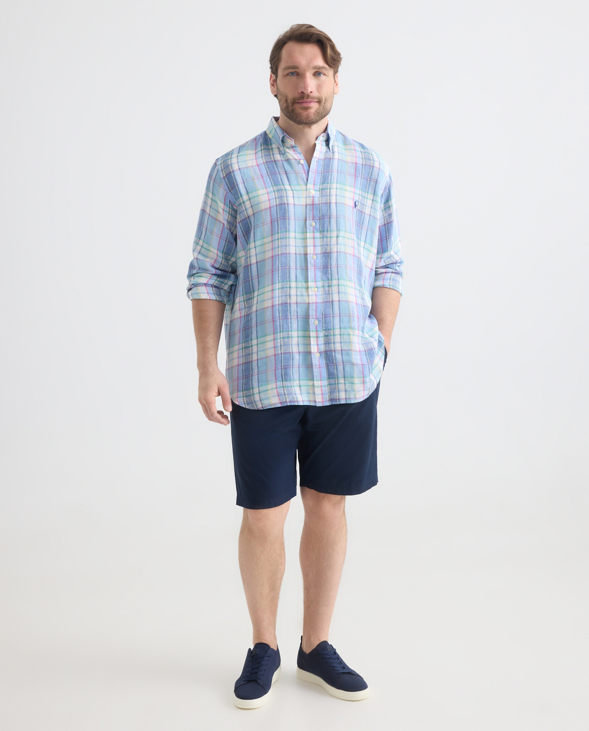 Camisa de Linho Estampada Tamanhos Grandes Azul-3