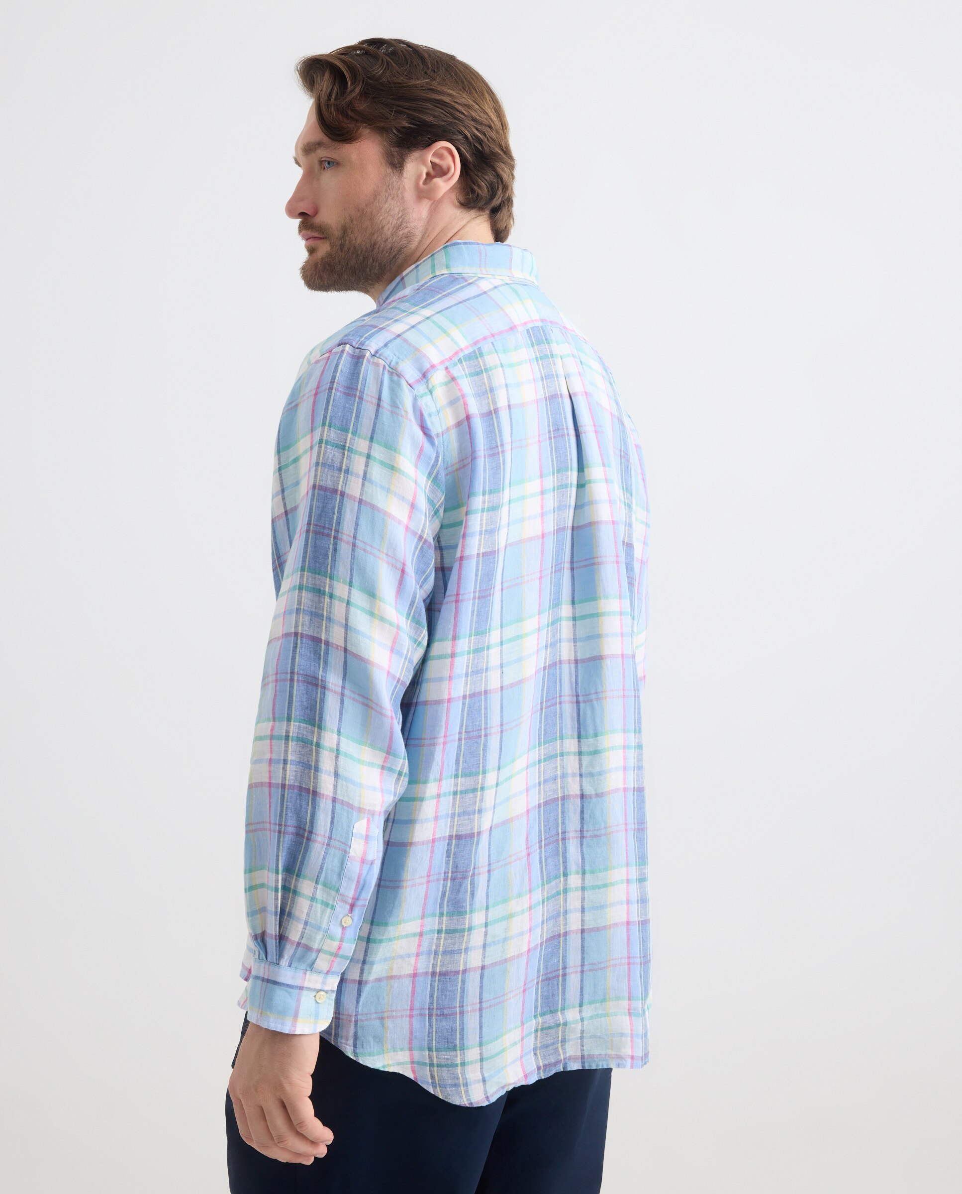 Camisa de Linho Estampada Tamanhos Grandes Azul-4